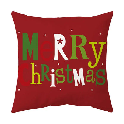 Red christmas-themed DecorBites Christmas sofa pillow cover with merry christmas letters and white star details