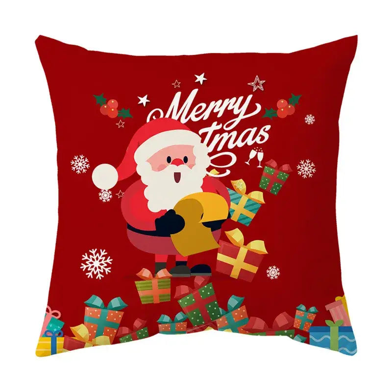 Red christmas sofa pillow cover by decorbites featuring cartoon santa claus and merry xmas text for holiday decor