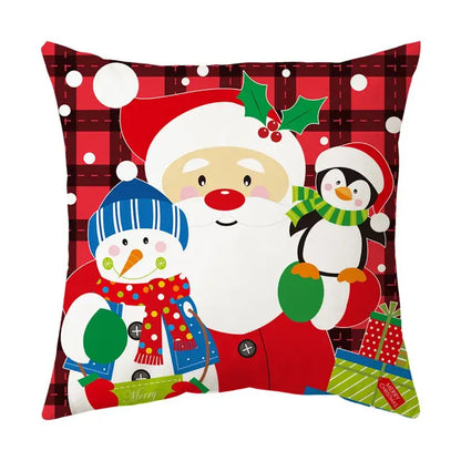 Red and white plaid christmas sofa pillow cover by decorbites featuring santa snowman and penguin for home decor