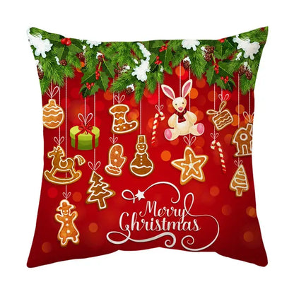 Red christmas-themed pillow cover featuring gingerbread cookies plush bunny and merry christmas script for decorbites christmas sofa pillow