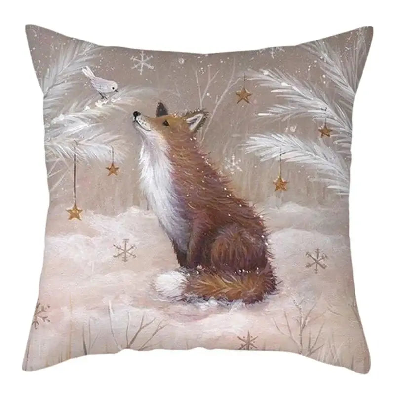 Cozy DecorBites Christmas soft plush cushion cover with red fox illustration on snowy winter scene 45x45cm