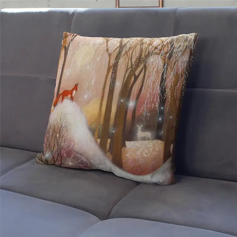 DecorBites christmas soft plush cushion cover with whimsical winter forest fox and deer on soft fabric 45x45cm