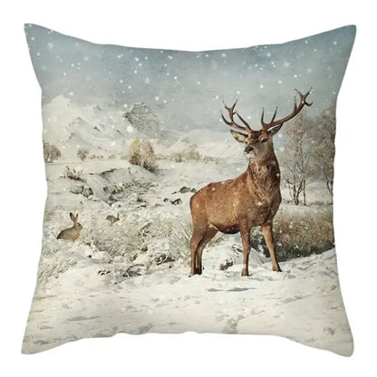 Square decorbites christmas soft cushion cover featuring a brown stag and rabbits in a snowy winter scene 45x45cm