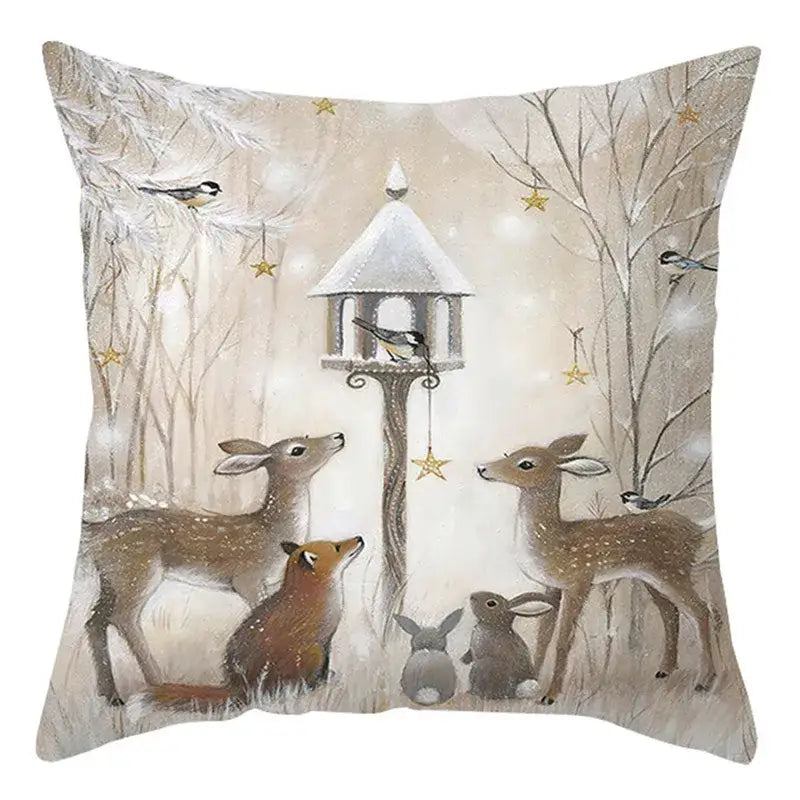 Beige decorbites christmas soft plush cushion cover featuring a whimsical winter woodland scene with deer foxes and rabbits