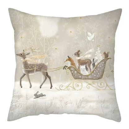 Beige decorbites christmas soft plush cushion cover featuring whimsical winter deer sleigh with gold stars and branches