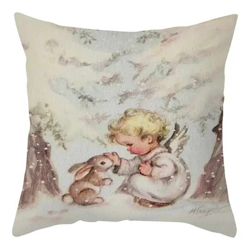 Decorbites christmas soft plush cushion cover in off-white with vintage child and rabbit illustration 45x45cm