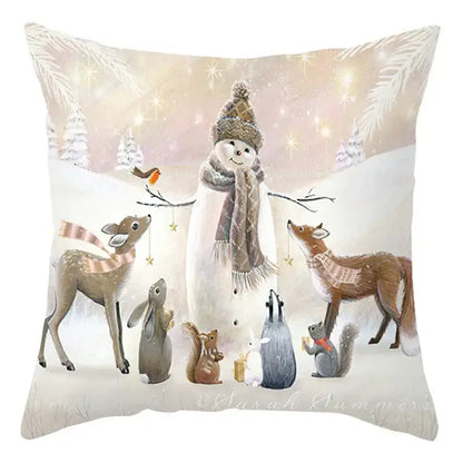 Decorbites christmas soft plush cushion cover featuring a pastel winter scene with snowman and woodland animals 45x45cm