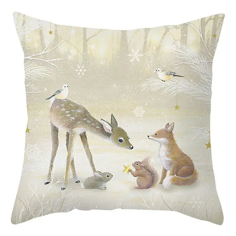 Decorbites christmas soft cream cushion cover featuring a snowy woodland scene with deer foxes and birds 45x45cm
