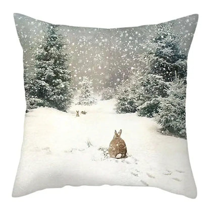 Decorbites christmas soft plush cushion cover 45x45cm featuring a brown rabbit in snowy forest with evergreen trees