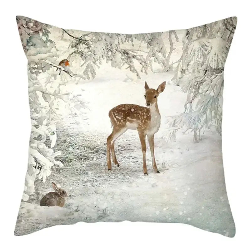 Decorbites christmas soft plush cushion cover featuring a brown fawn white spotted deer rabbit and bird in snowy woodland scene