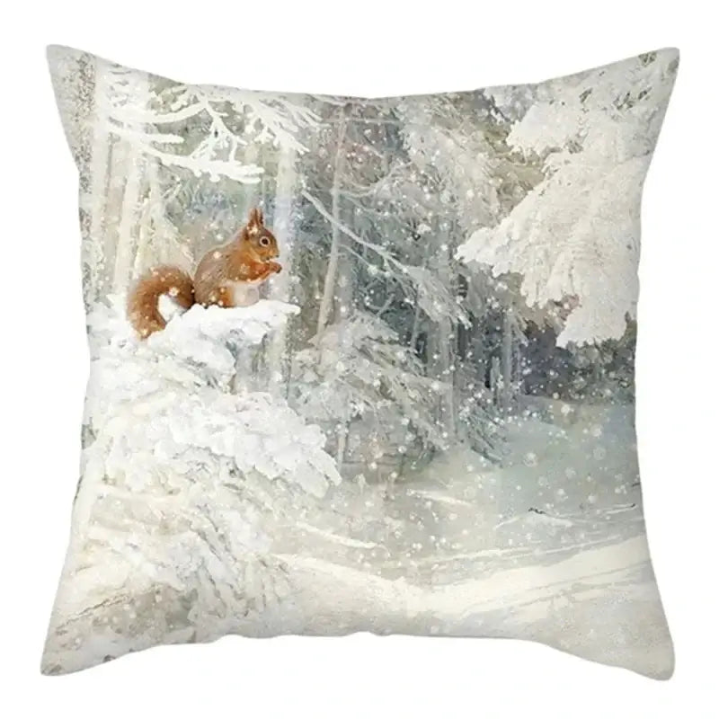 Decorbites christmas soft plush cushion cover featuring a snowy forest scene with a red squirrel in whites and grays