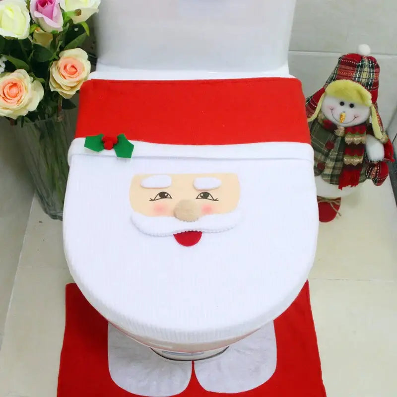 Decorbites christmas toilet red and white santa claus toilet seat cover with embroidered face green holly plush fabric