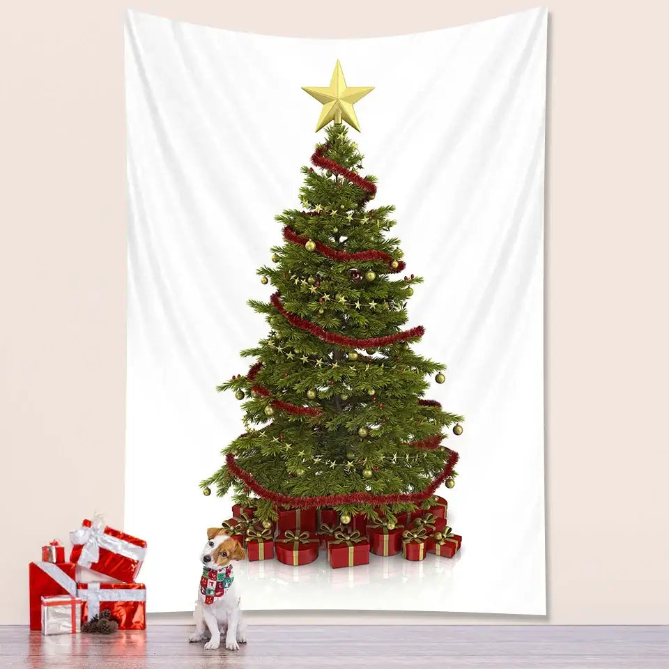 Decorbites christmas tree tapestry features a green pine tree with red tinsel and gold ornaments for christmas tree bedroom decor
