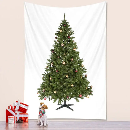 Decorbites christmas tree bedroom tapestry featuring a festive green tree with red gold ornaments on a black stand base