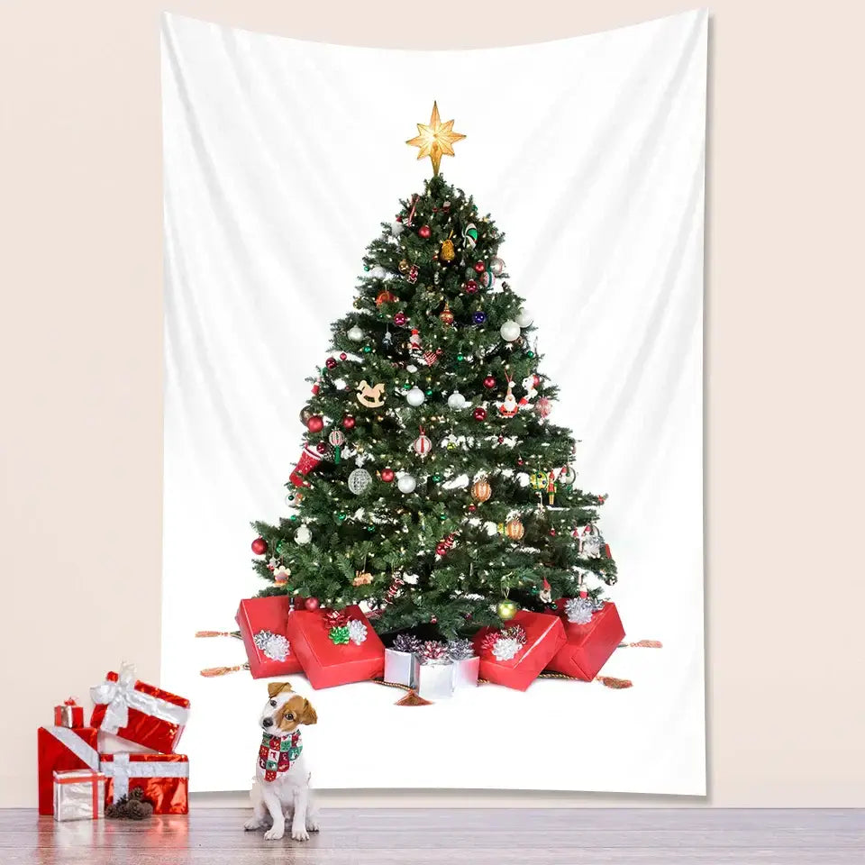 Decorbites christmas tree tapestry featuring a lush green pine with colorful ornaments and gifts for wall decor