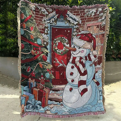 A festive decorbites christmas tree blanket throw featuring a cheerful snowman and decorated christmas tree design