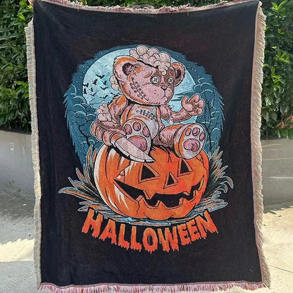 Black halloween-themed decorbites christmas tree blanket throw with stitched teddy bear and fringed edges for festive decor