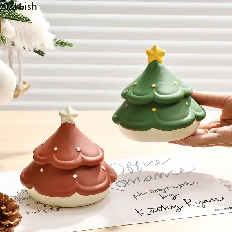 Green ceramic christmas tree money box with yellow star topper and gold dots from decorbites christmas tree collection