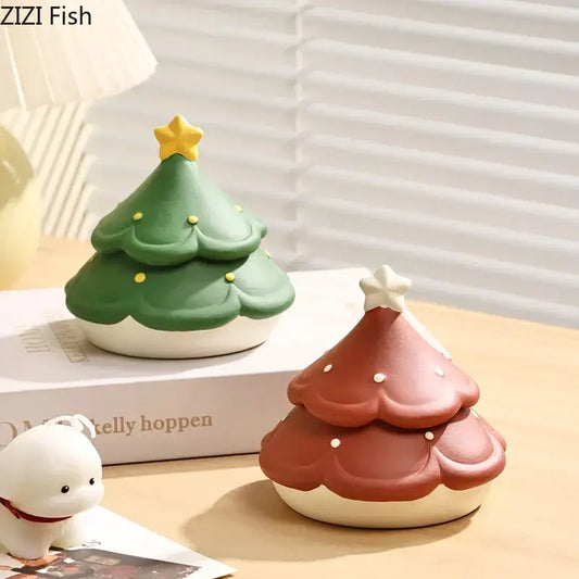 Green and brown christmas tree ceramic ashtrays with star toppers from decorbites christmas tree collection for desktop use