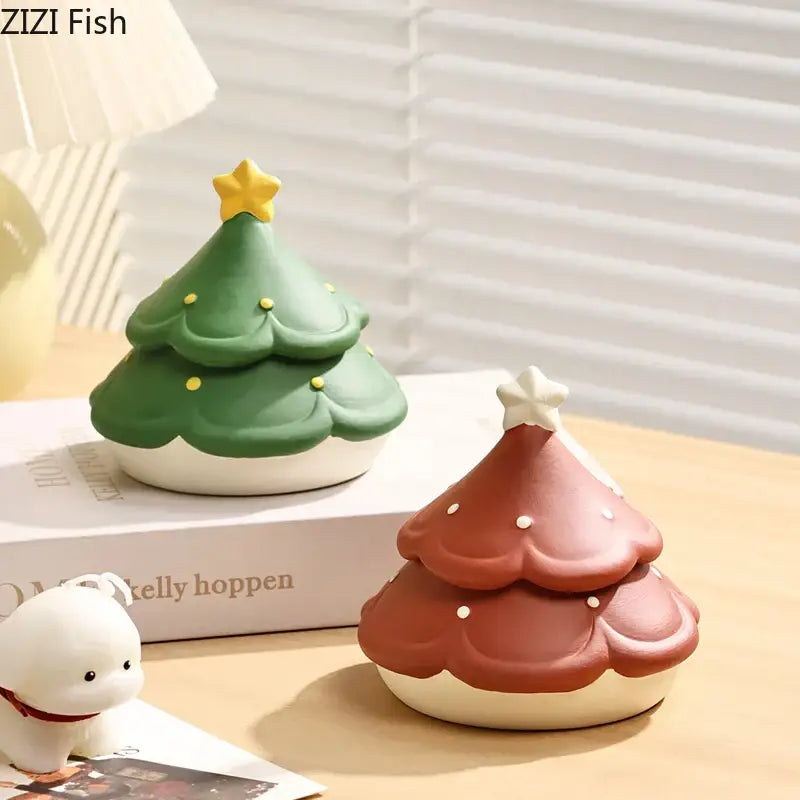 Green and brown christmas tree ceramic ashtrays with star toppers from decorbites christmas tree collection for desktop use