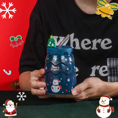 Blue ceramic decorbites christmas tree mug with snowman design lid featuring festive tree and stars for xmas gift