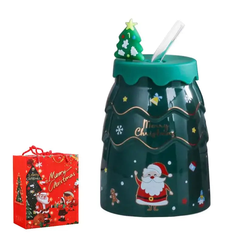 Dark green DecorBites christmas tree ceramic mug with festive tree-shaped lid and santa figurine for holiday use