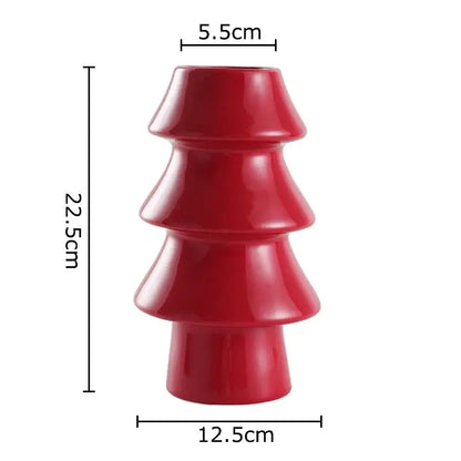 Glossy red ceramic vase shaped like a tiered christmas tree by DecorBites Christmas Tree for festive room decor