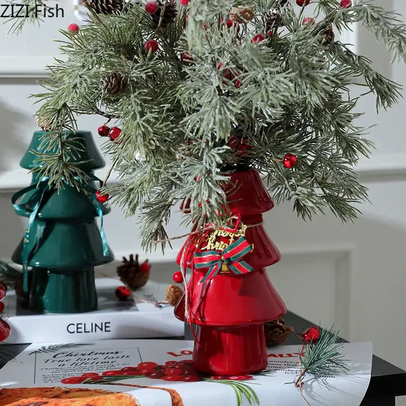 Red ceramic decorbites christmas tree ceramic vase adorned with striped ribbon and gold ornament for xmas decor