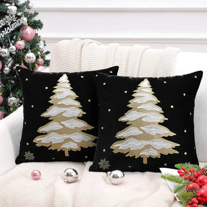 Black velvet christmas tree cushion cover with gold and silver embroidered pine trees and snowflakes pillow cover