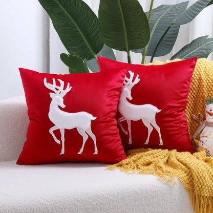 Red velvet decorbites™ christmas tree cushion cover with white embroidered reindeer festive pillow cover design