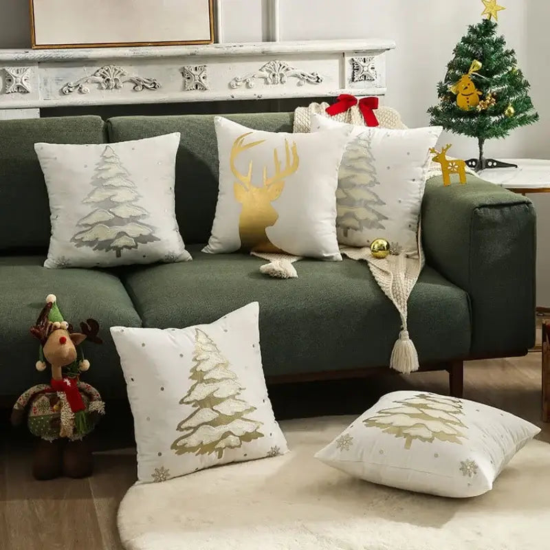 Decorbites™ christmas tree cushion cover in white with gold silver embroidery and subtle snowflake accents for festive decor