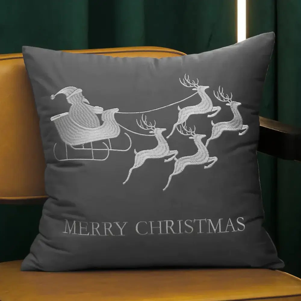Gray christmas tree-themed cushion cover with embroidered white santa reindeer design and merry christmas text pillow cover