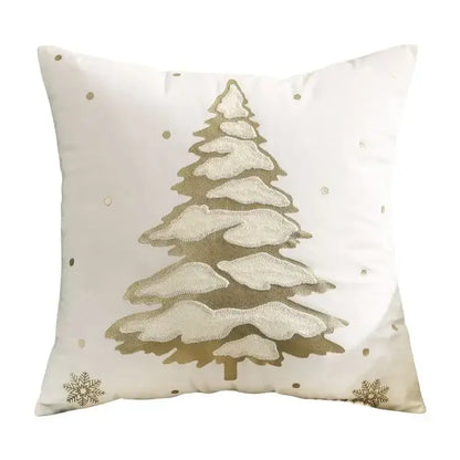 White throw pillow cover with embroidered metallic gold christmas tree and snowflake accents by decorbites
