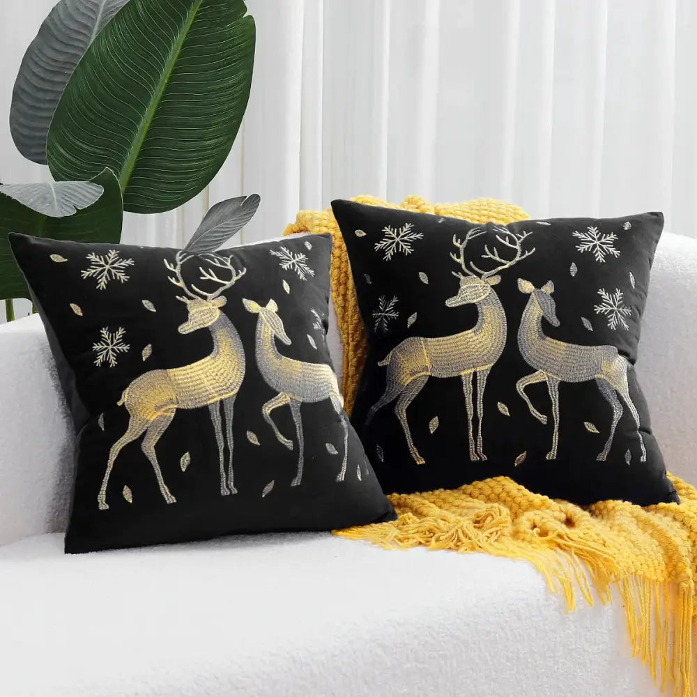 Black velvet cushion cover with embroidered gold and silver deer and snowflake patterns for christmas tree decor