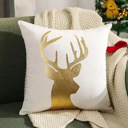 White throw pillow cover with gold foil deer silhouette and gradient detailing for christmas tree festive decor