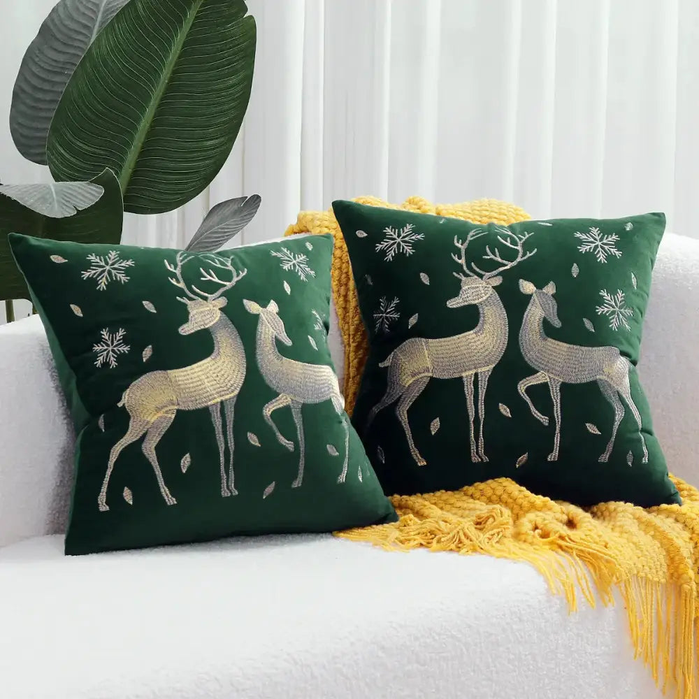 Deep green velvet cushion cover with embroidered gold and silver deer and snowflakes for christmas tree decor