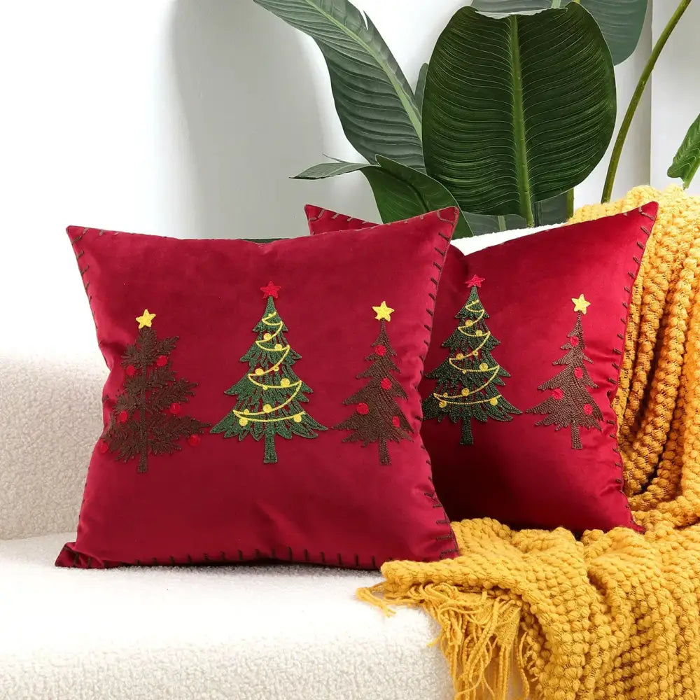 Decorbites™ christmas tree red velvet cushion cover with embroidered green trees yellow stars and red ornaments pillow cover