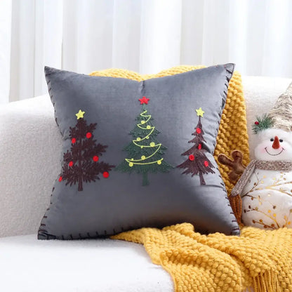 Gray velvet DecorBites christmas tree cushion cover with three embroidered christmas trees and festive ornaments