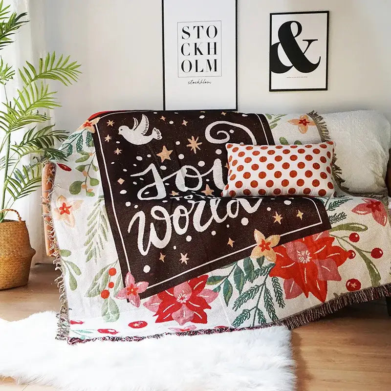 Decorbites christmas tree knitted throw blanket with dark brown joy to the world panel and cream floral star pattern
