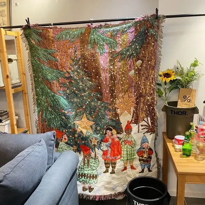 Decorbites christmas tree knitted throw blanket with festive elves and trees in green red gold and brown tones