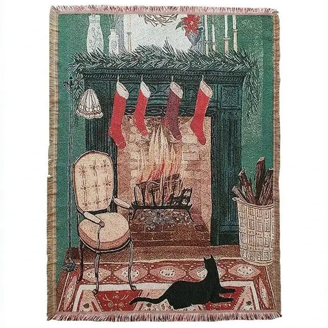 Decorbites christmas tree knitted throw blanket featuring a christmas tapestry with fireplace stockings garland and black cat
