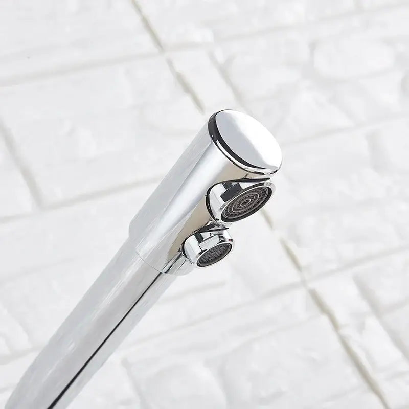 Decorbites chrome pure water faucet with filter featuring a chrome finish, cylindrical spout, and two side spray nozzles