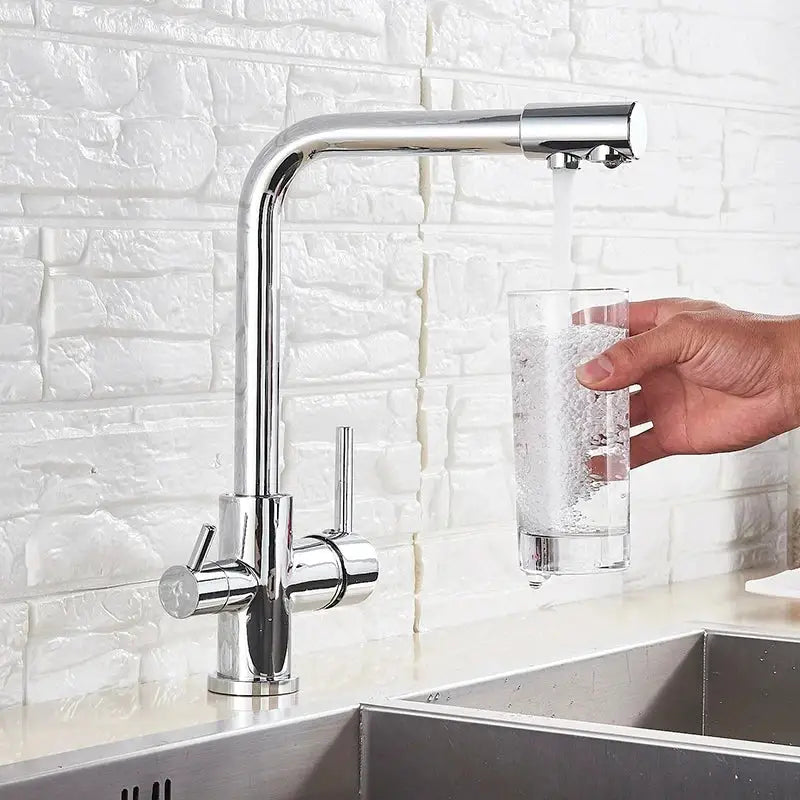 Decorbites™ chrome pure water faucet with filter featuring a modern chrome finish, dual handles, and sleek curved spout