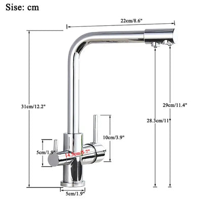 Decorbites™ chrome pure water faucet with filter featuring a sleek curved spout and dual handles for hot and cold water control