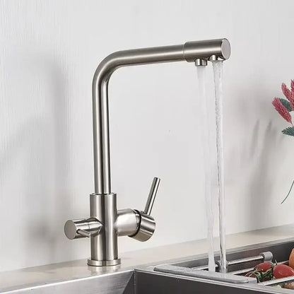 Modern brushed stainless steel chrome pure water faucet with sleek curved spout and dual control handles by decorbites