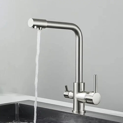 DecorBites™ chrome pure water faucet with filter featuring a modern stainless steel curved spout and dual handles