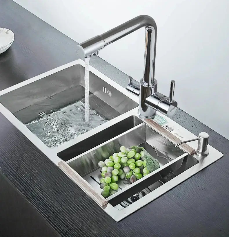 Stainless steel double-basin kitchen sink with decorbites™ chrome pure water faucet and integrated soap dispenser