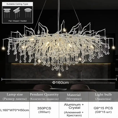 DecorBites™ chrome rectangular crystal chandelier light fixture with clear crystal droplets and sleek aluminum frame