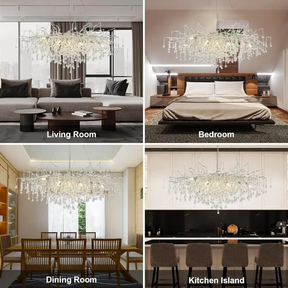 DecorBites™ chrome rectangular crystal chandelier light fixture with modern branching design and dangling glass elements