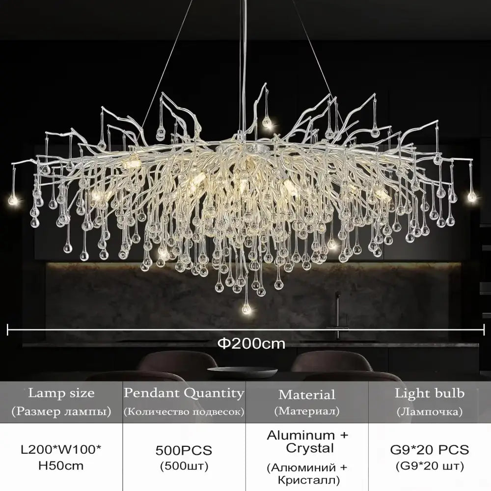 DecorBites chrome rectangular crystal chandelier light fixture with aluminum arms and clear crystal droplets